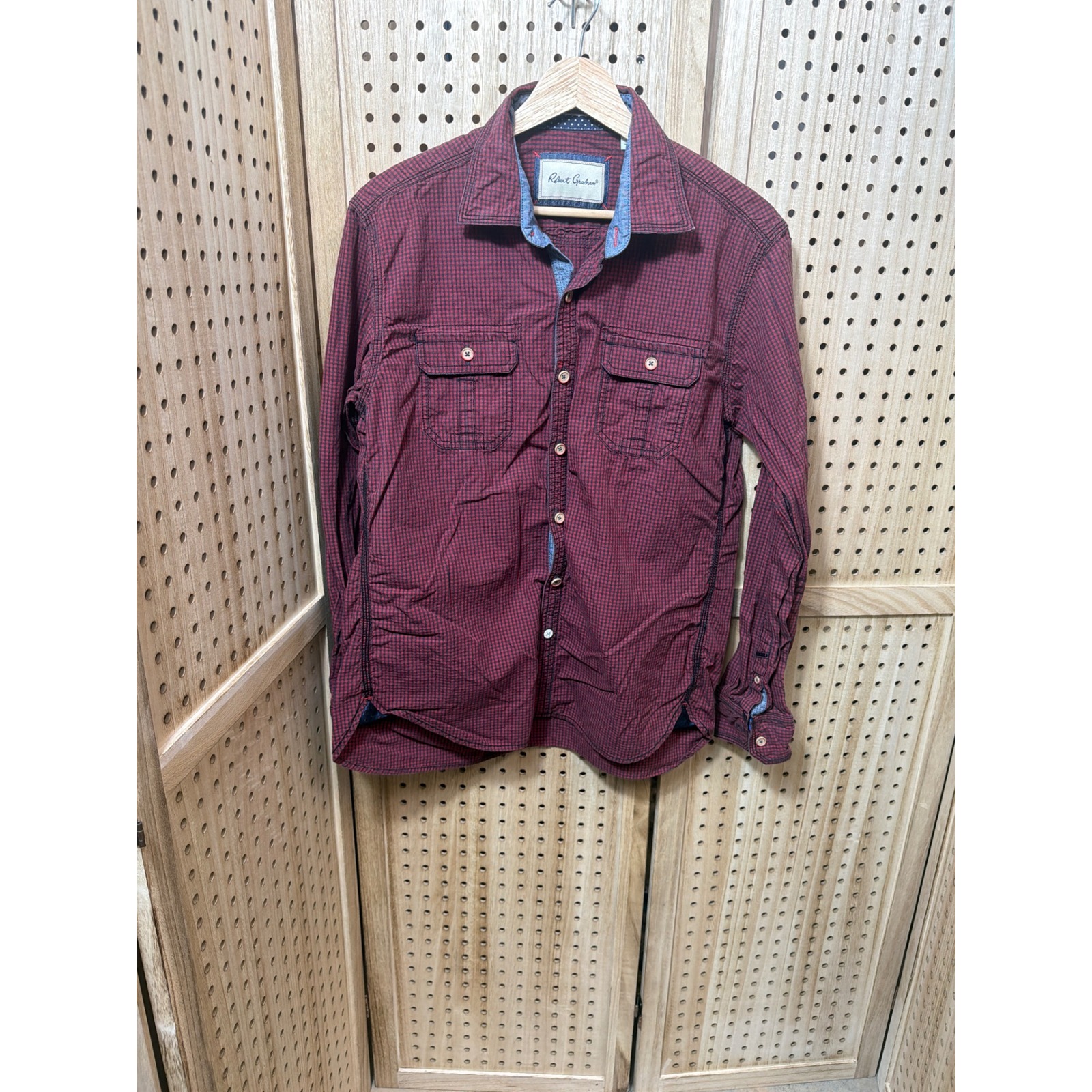 Robert Graham Mens Medium Red Black Micro Check Button Down Shirt Long Sleeve